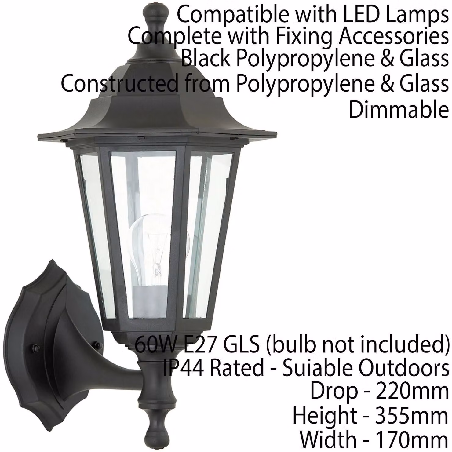 Loops 2 Pack Black IP44 Outdoor Wall Lantern with Transparent Glass – 2