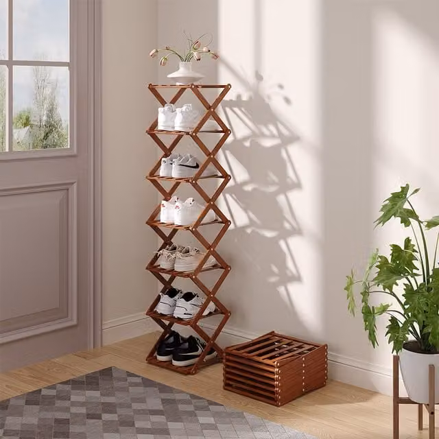 Livingandhome Multi-Layer Foldable Bamboo Shoe Rack in Brown, Width: 105 cm