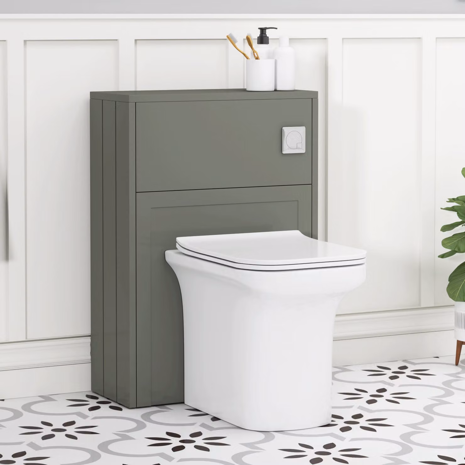 Royal Bathrooms Elmore Matt Green Wall Mounted WC Unit with Crosby White Ceramic Rimless Toilet Pan, Seat and Cistern, Width: 55 cm