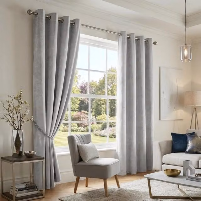 Livinluxury Velvet Look Blackout Eyelet Curtains, Silver, W: 117 cm, H: 229 cm
