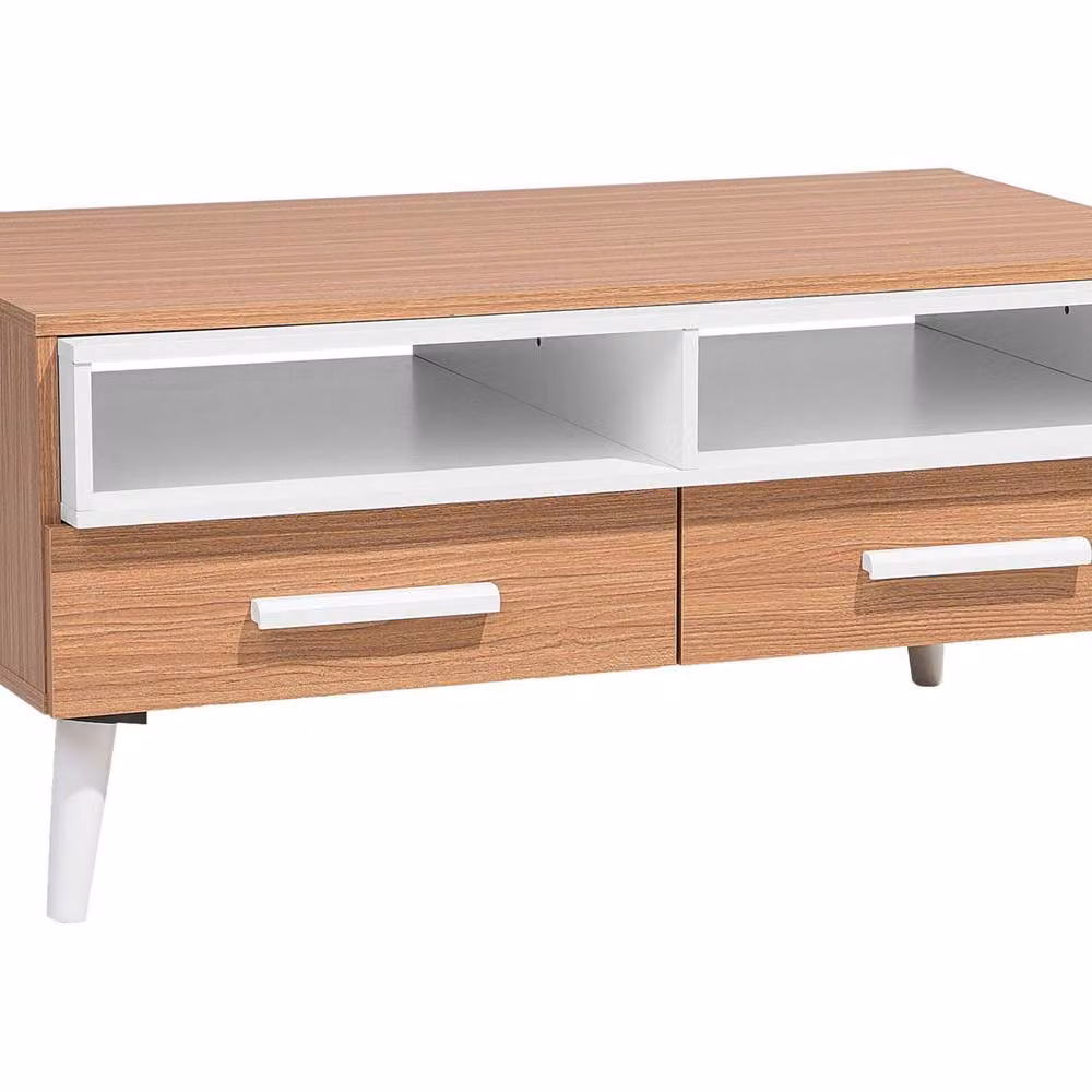 Wyld and Coco Scandinavian Rectangular Coffee Table with White Drawers and Shelves, Light Wood and Brown, W: 100 cm, D: 60 cm, H: 45 cm – 2