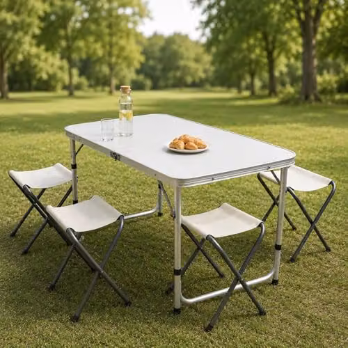 Gr8 Garden Height Adjustable Folding Camping Picnic Table Set with 4 Stools, Grey Powder Coated Aluminium and MDF Laminate, W/D/H: 120 x 60 x 70 cm – 2