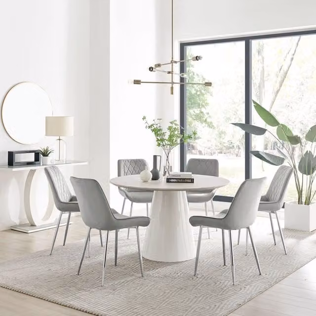 Furniturebox Palma Beige Stone Effect Round Dining Table and 6 Pesaro Silver Chairs in Grey
