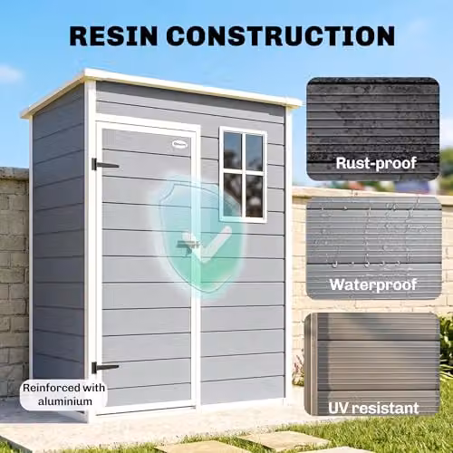 Outsunny Grey Plastic Pent Garden Shed with Floor, Window, Side Vent and Lockable Single Door – 3