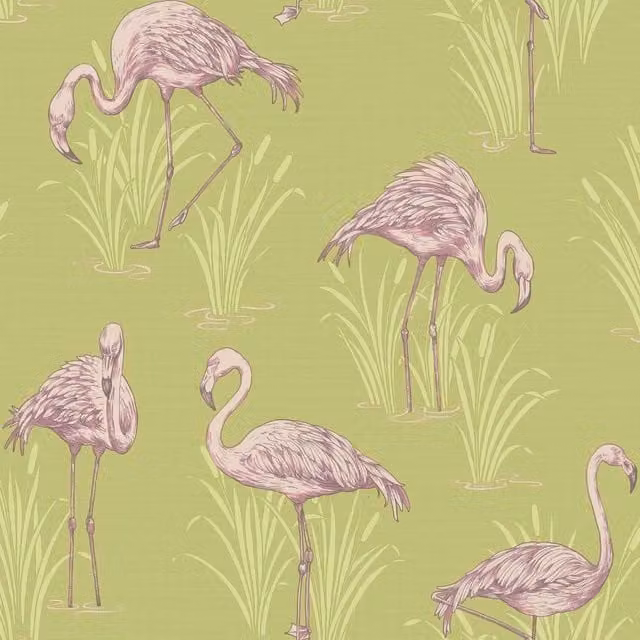 Arthouse Lagoon Green and Pink Flamingo Textured Animal Print Wallpaper in Silver