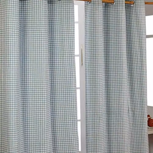 HOMESCAPES Blue Gingham Check Eyelet Curtain Pair, 100% Cotton, Width: 137 cm, Drop: 182 cm