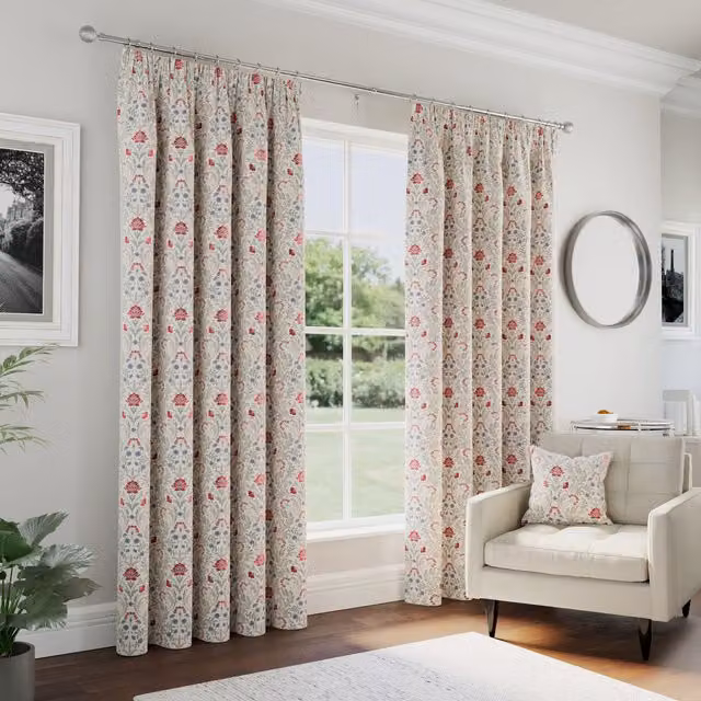 Enhanced Living Red and Blue Floral Blackout Pencil Pleat Curtains, Height: 229 cm