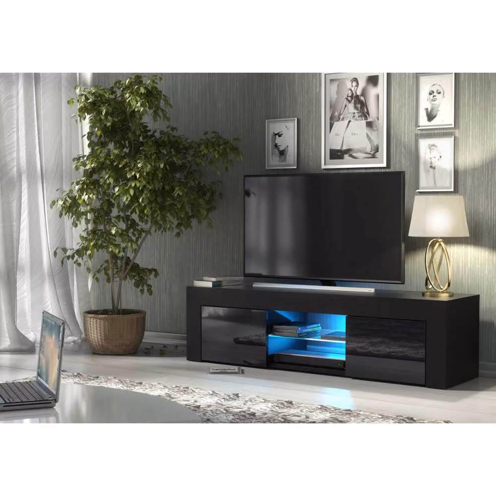 Mex Furniture LTD Loom TV Unit in Black with Glossy Doors and LED Lights, W: 130 cm, D: 35 cm, H: 35 cm – 2