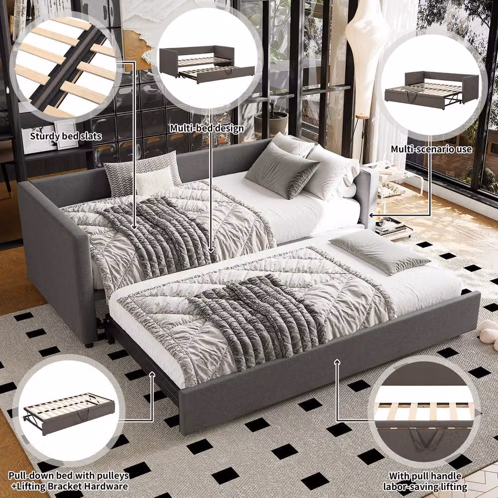 STILVORA Upholstered Single Bed Frame with Pull-Out Drawer in Grey Fabric, W/D/H: 90 x 190 x 73 cm – 5