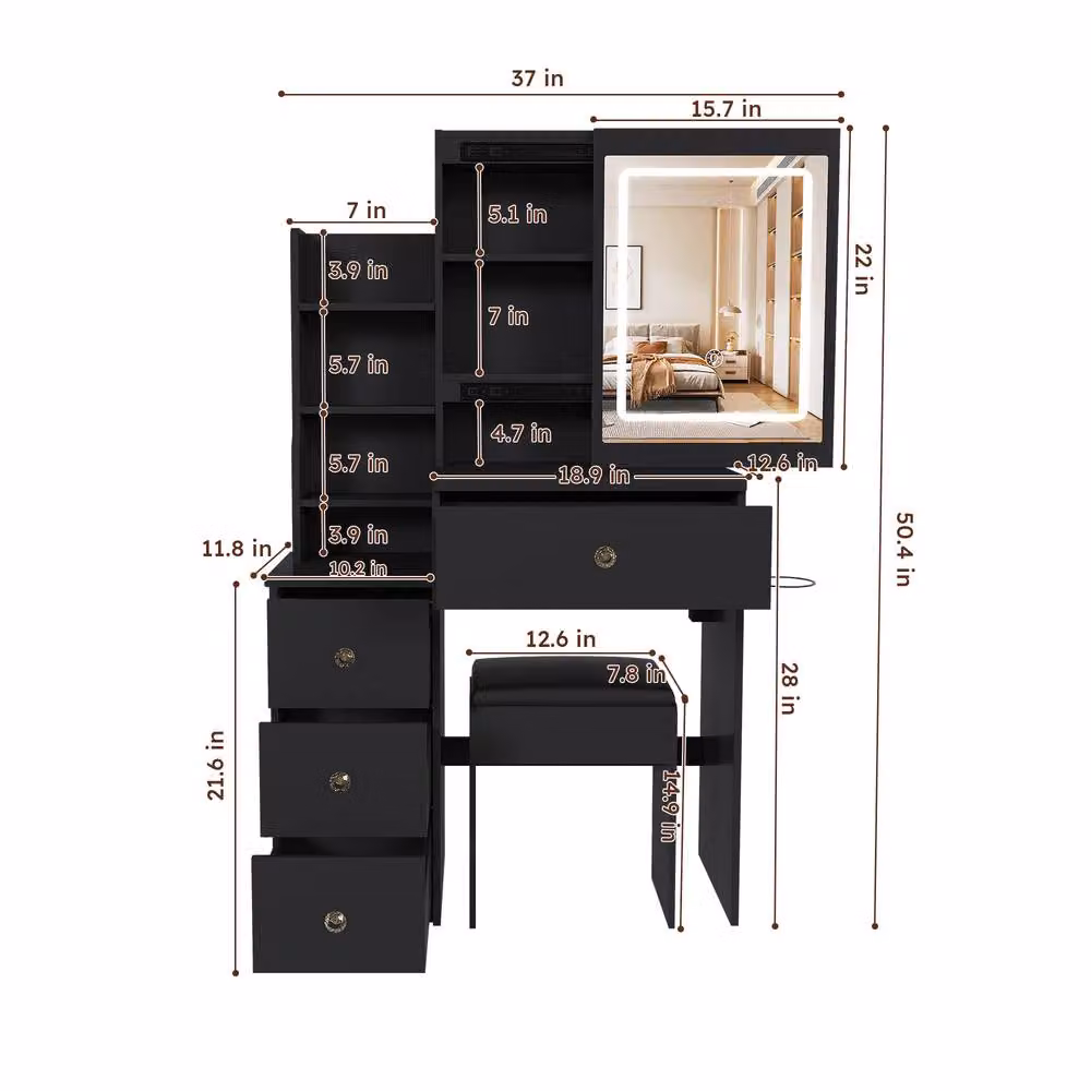 Rolipo Modern Black Makeup Vanity Desk with Hollywood LED Mirror and 4 Drawers – 6