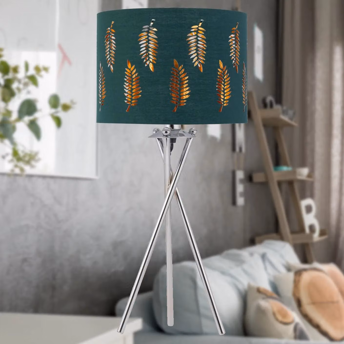 First Choice Lighting Chrome Tripod Table Lamp with Green Fabric Cylinder Shade – 3