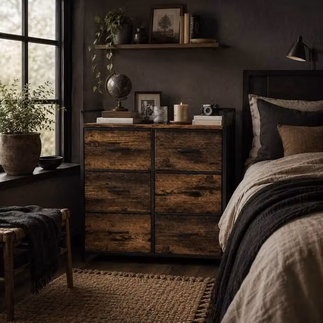 Wyld Haus Luve 6 Drawer Fabric and Metal Storage Chest in Rustic Brown and Black