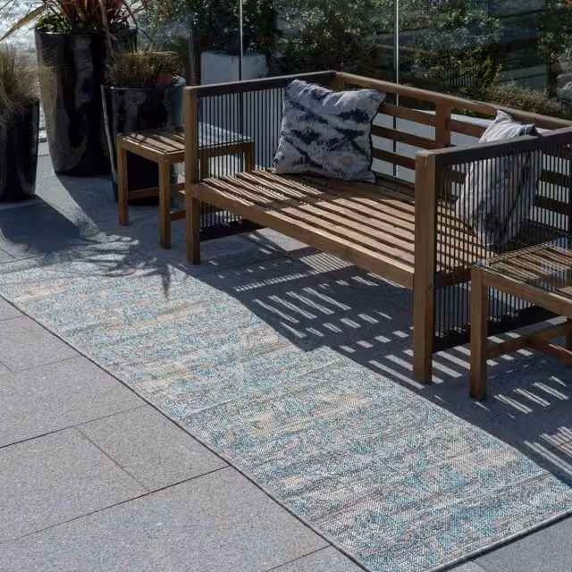 The Rug House Vintage Floral Flatweave Indoor Outdoor Rug in Blue, W: 240 cm, D: 60 cm