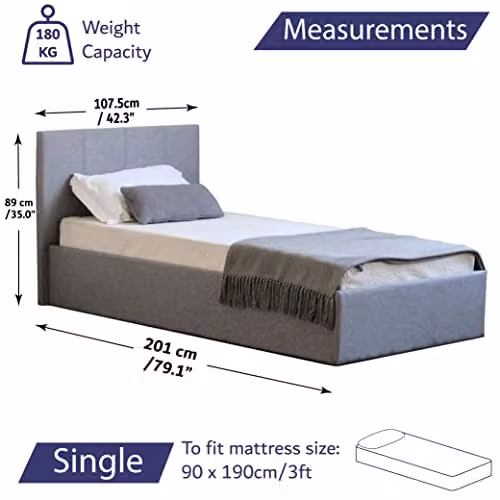 Home Treats Single Side Lift Ottoman Bed Frame in Grey Upholstered Fabric with Under Bed Storage, W/D/H: 90 x 200 x 38 cm – 2