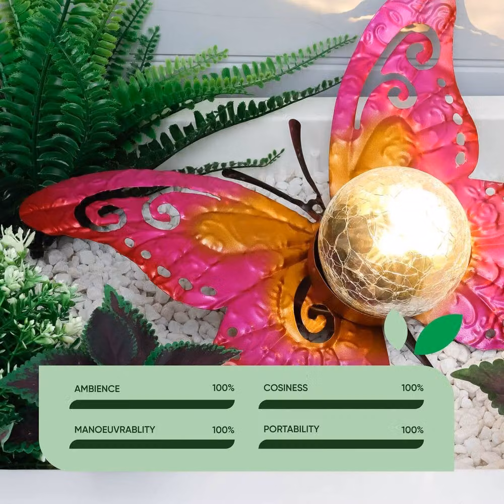 Gardenwize Solar Metal Sunset Butterfly Garden Light with Pink LED Crackle Glass Ball – 4