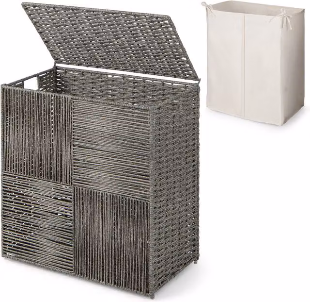 Costway 110L Collapsible Rattan Laundry Hamper with Lid and Removable Bag in Grey