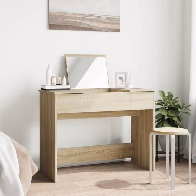 Berkfield Home Modern Dressing Table with Mirror in Sonoma Oak and Light Tan, W/D/H: 100 x 45 x 76 cm – 1