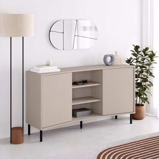 FWStyle Sandstone Curved 2 Door Sideboard in Beige with Black Legs, W: 150 cm, H: 81 cm, D: 45 cm