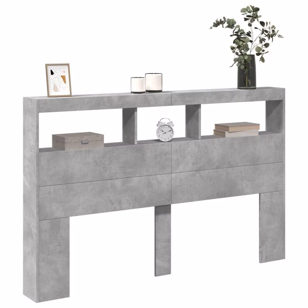 Berkfield Home Modern Headboard Cabinet with Integrated LED Reading Light and Bedside Shelves in Concrete Grey, W: 160 cm, D: 17 cm, H: 102 cm – 4