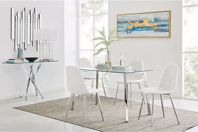 FurnitureboxUK Cosmo Modern White Glass Kitchen Dining Table and 4 Corona Silver Leg Dining Chairs