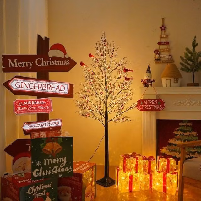 Smartbies Pre Lit LED Twig Birch Christmas Tree Lamp with Red Birds in Black, H 150 cm x W 15 cm x D 15 cm – 1