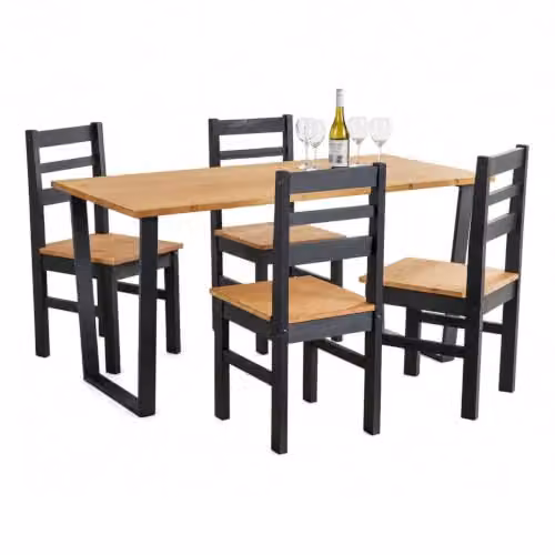 Core Products Texas Industrial Dining Set with Pine Table and Four Black Wax Finish Chairs – 1