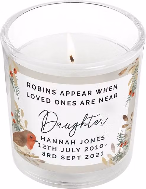 Personalised Memento Company Robins Appear Memorial Scented Jar Candle, Off-White Floral Votive