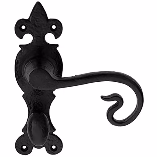 Loops Pair Forged Curled Lever Bathroom Handles on Backplate, Black Antique, W: 16.7 cm, H: 5.1 cm – 1