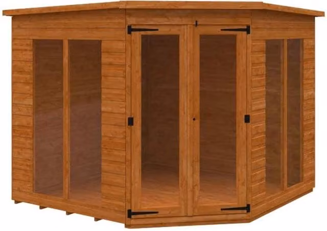 Buttercup Farm Cornerhouse 12mm Full Pane Shed in Burnt Orange and Grey, Solid Wood/Softwood/Pine, W/D/H: 244 x 244 x 235 cm – 1