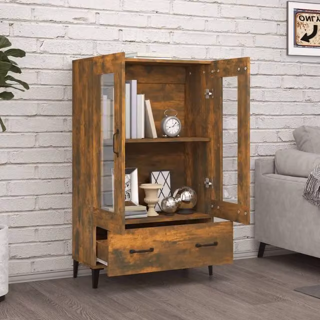 Berkfield Home Smoked Oak Highboard in Brown with Glass Doors, W/D/H: 70 x 31 x 115 cm