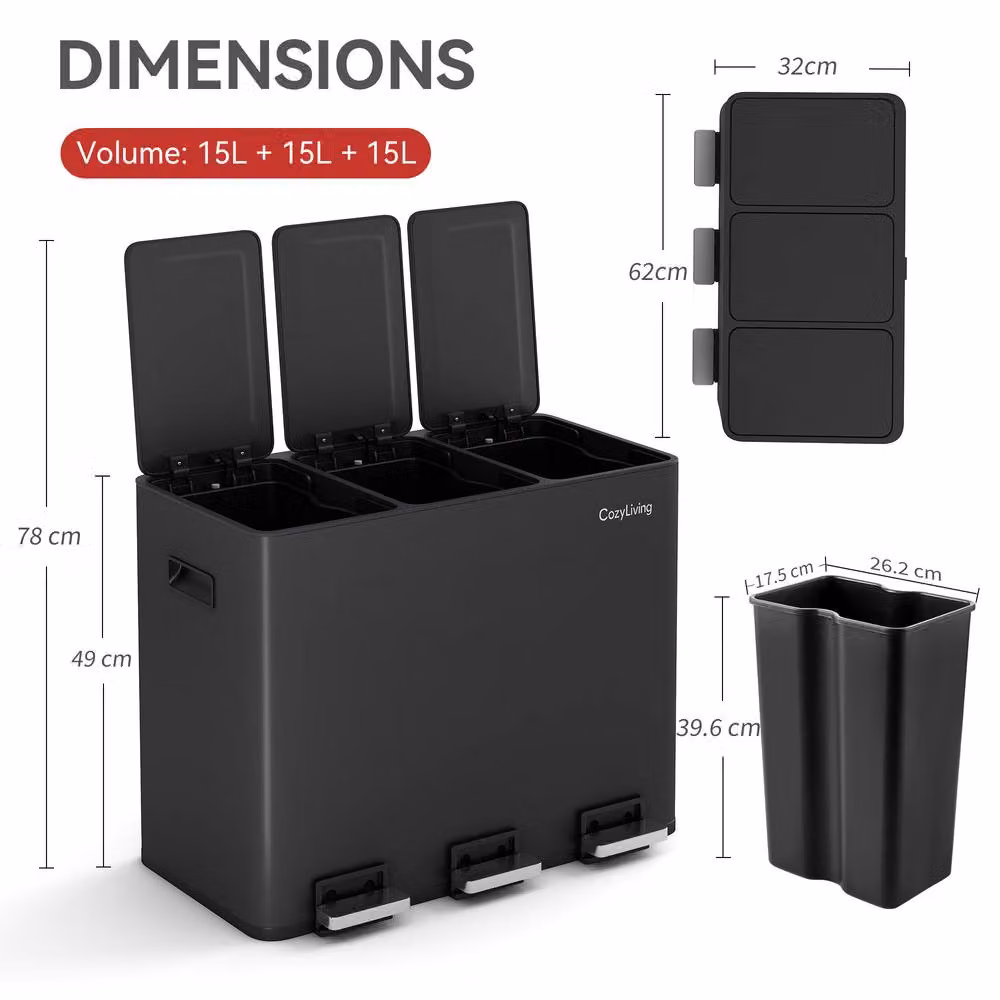 MCC Direct 45L Stainless Steel Kitchen Recycling Pedal Bin with Soft-Close Lids and Removable Inner Buckets, Black – 8