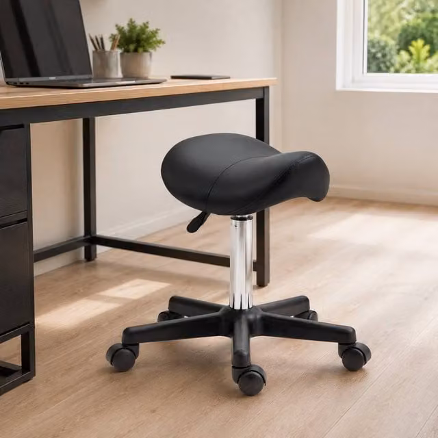 STILVORA Adjustable Rolling Stool with Castors in Black Synthetic Leather