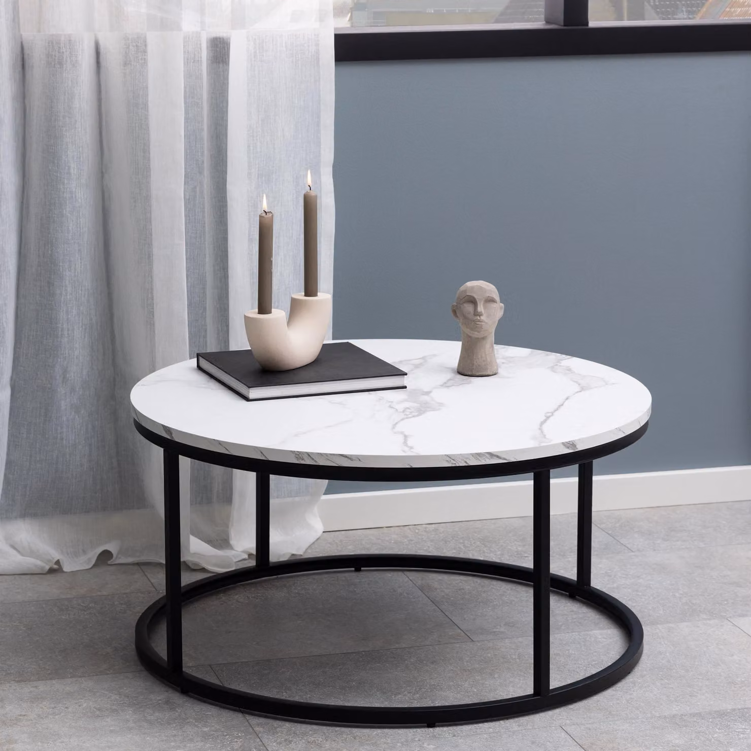 Furniture To Go Spiro Round Coffee Table with White Marble Melamine Top and Black Legs – 3