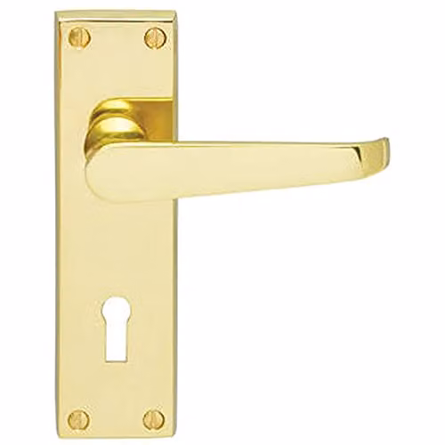 Loops Pair Victorian Flat Lever on Lock Backplate Door Handles in Polished Brass, W: 15.0 cm, H: 4.2 cm