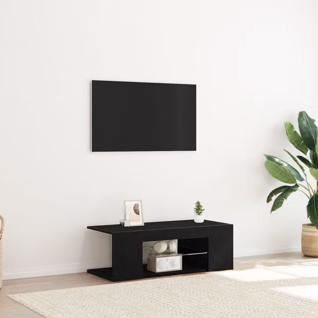 Berkfield Home Modern TV Cabinet with Integrated LED Lights in Black Oak, W/D/H: 90 x 39 x 30 cm – 1