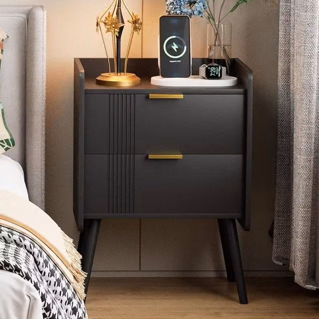 Huhote Black Bedside Table Cabinet with 2 Drawers and Wooden Legs