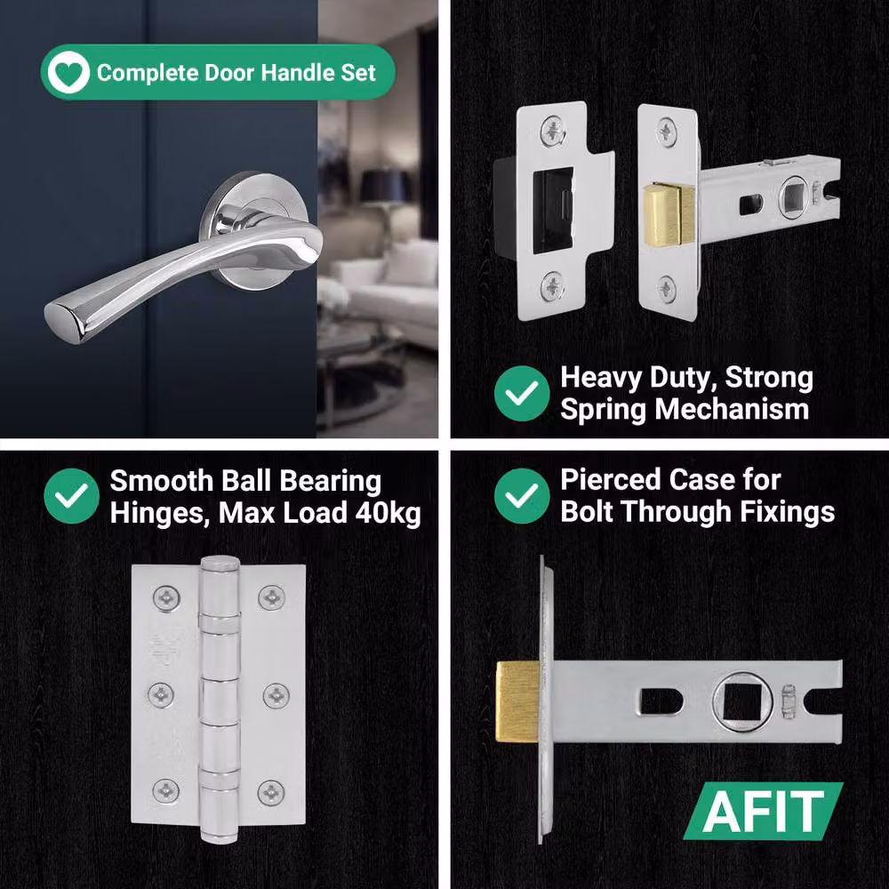 AFIT Polished Chrome Door Handles with Latch and Rose, 6 Pairs, Silver, W/D/H: 15.0 x 15.0 x 15.0 cm – 3