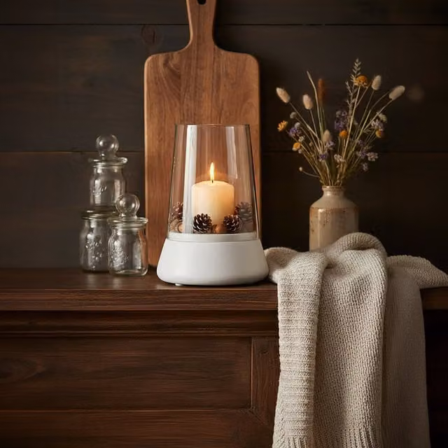 Orsina Sena Hurricane Pillar Candle Holder with White Marble and Transparent Glass Base