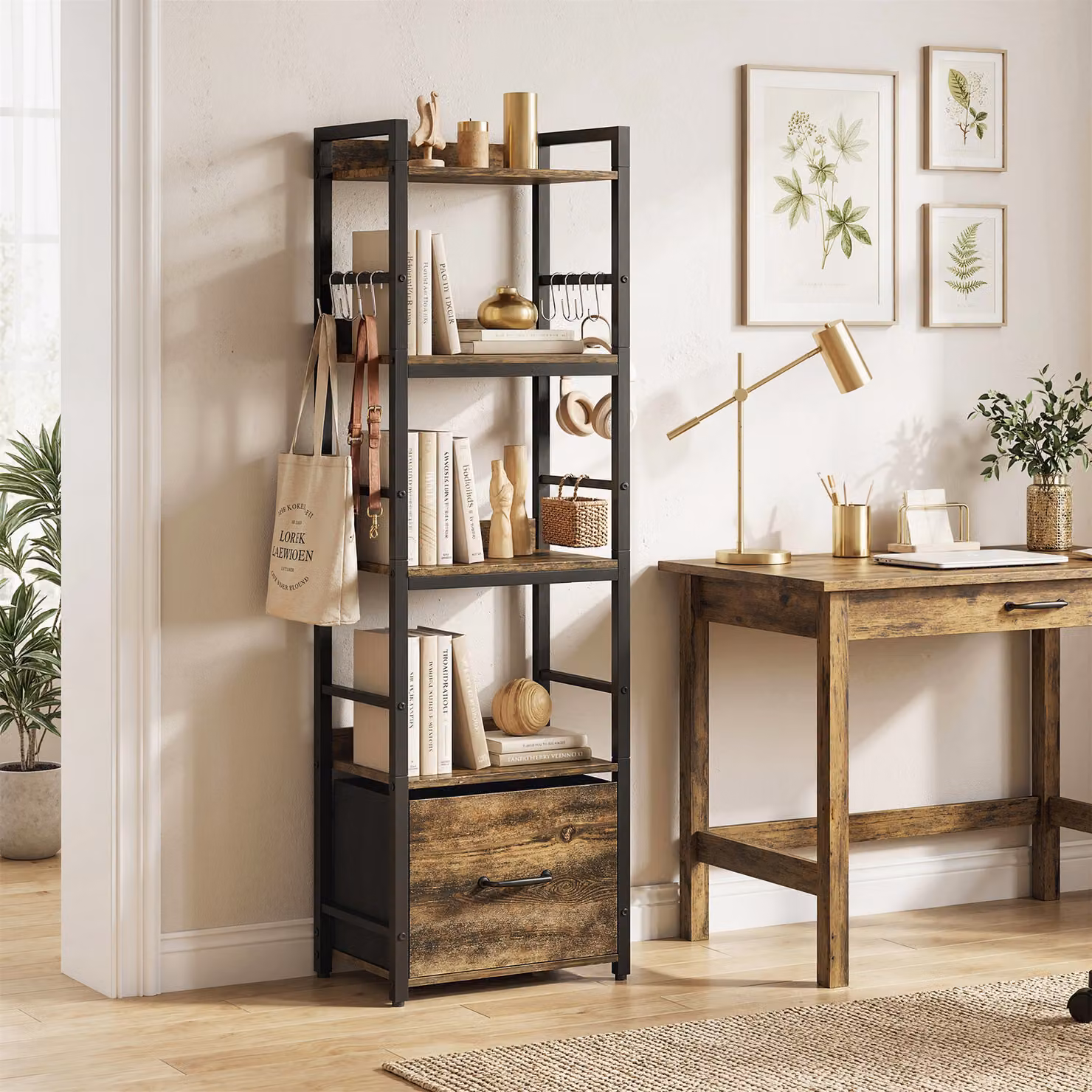 HOMCOM 4-Tier Narrow Bookshelf with Drawer and 8 Hooks in Rustic Brown Metal and MDF – 2