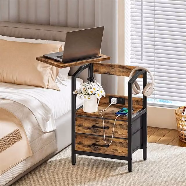FORGEVIO Brown Bedside Table and Industrial Style Nightstand, W/D/H: 43.5 x 30 x 75 cm