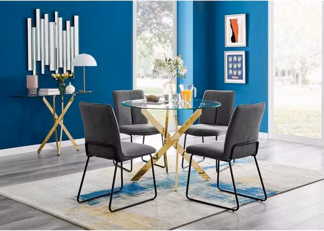 FurnitureboxUK Novara Gold Leg Round Glass Dining Table and 4 Halle Chairs in Dark Grey