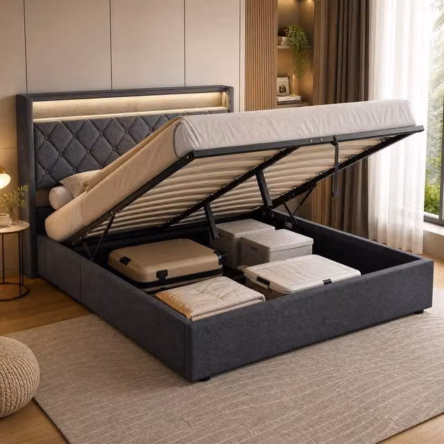 STILVORA Grey Upholstered 4ft6 Double Ottoman Bed with LED Lighting and USB Charging Station, W/D/H: 140 x 200 cm – 1