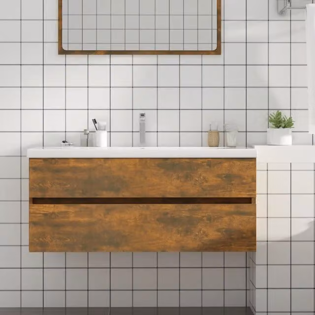 Berkfield Home Modern Smoked Oak Bathroom Sink Cabinet in Brown, W/D/H: 100 x 38.5 x 45 cm – 1