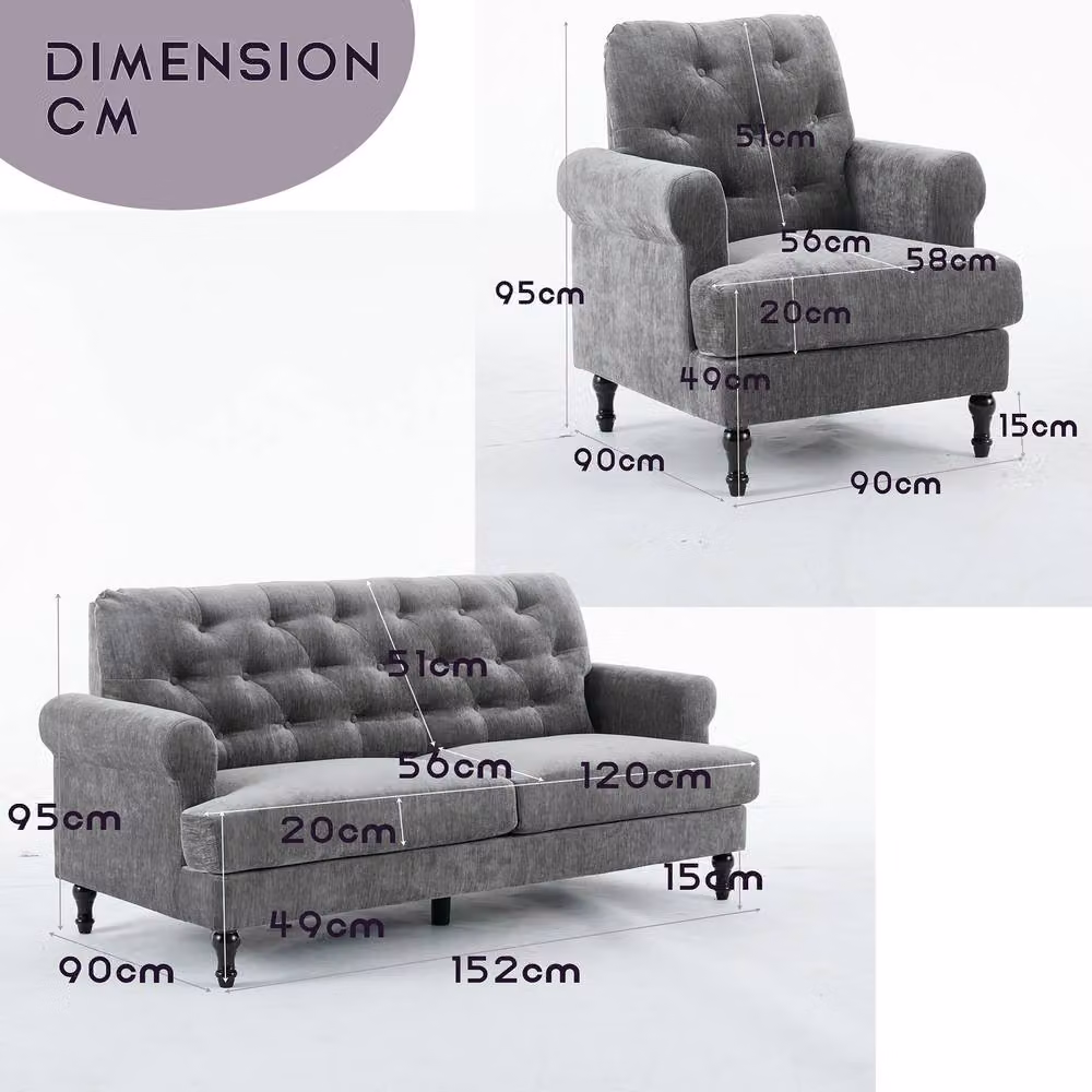 FURNITURE ONE Grey Velvet Tufted Chesterfield Sofa Set with 3-Seater, 2-Seater and Armchair – 2