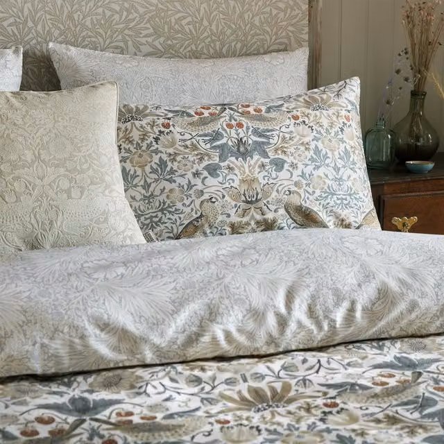 William Morris At Home Strawberry Thief Reversible Floral Cotton Pillowcase Pair in Blue, Beige and Multicolour