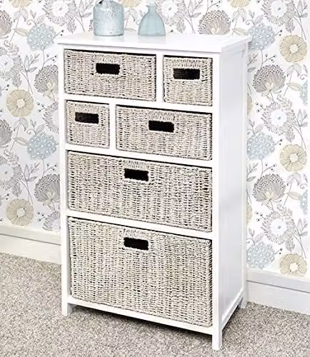 Tetbury Large White Solid Wood Hallway and Bathroom Cabinet with 6 Whitewash Seagrass Storage Baskets, W/D/H: 100 x 34 x 56 cm