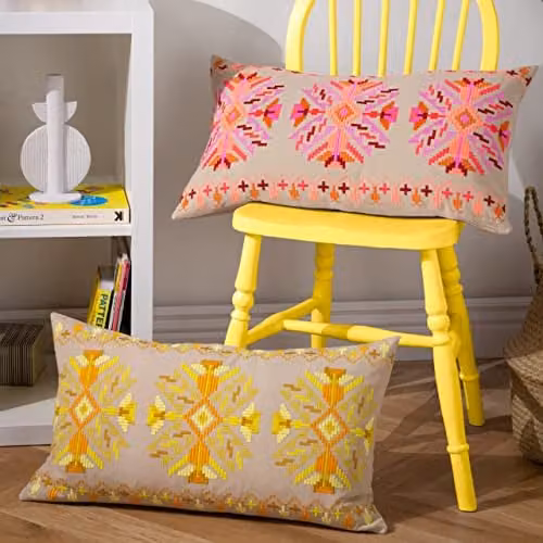 Kalina Yellow Cotton Embroidered Rectangular Cushion with Polyester Filling W: 60 cm, H: 35 cm – 2
