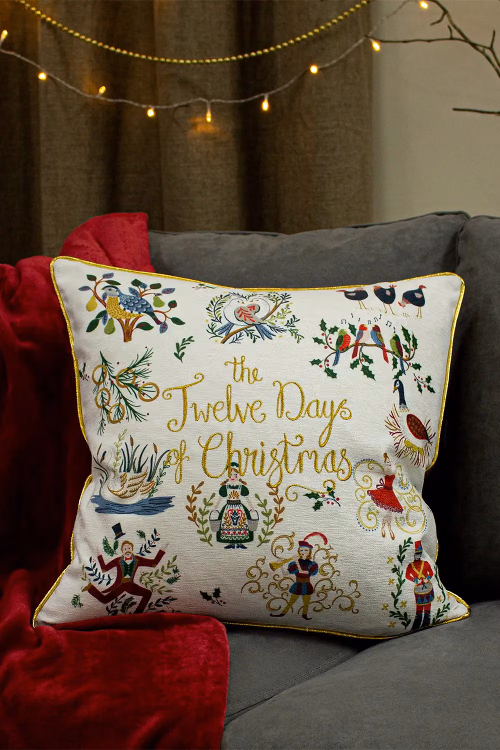 Furn Twelve Days of Xmas Embroidered Piped Velvet Cushion in White, Gold and Multicolour, W/D/H: 50 x 50 x 50 cm – 3