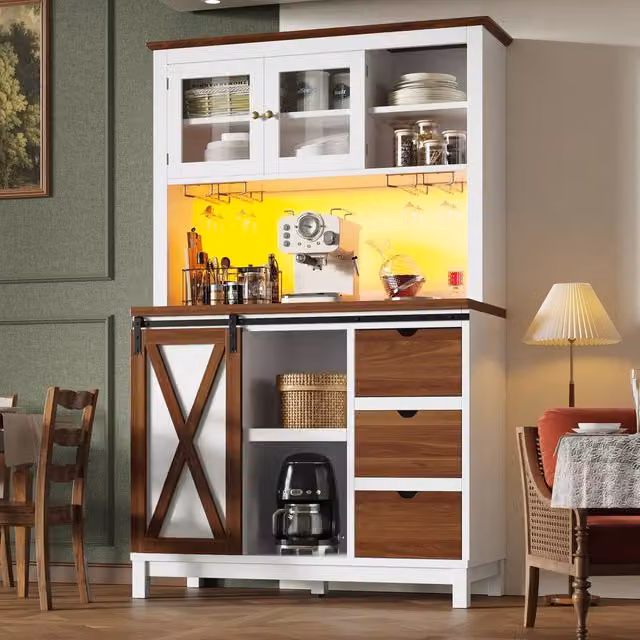 Merax Barn Style Kitchen Dresser and Coffee Bar Station in White with Wine Glass Racks and Sliding Doors, H: 180 cm, W: 104 cm, D: 40 cm