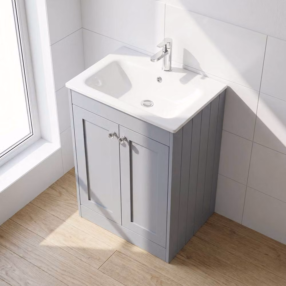 Balterley 600mm Floor Standing 2 Door Bathroom Unit with Stone Basin in Satin Grey – 2